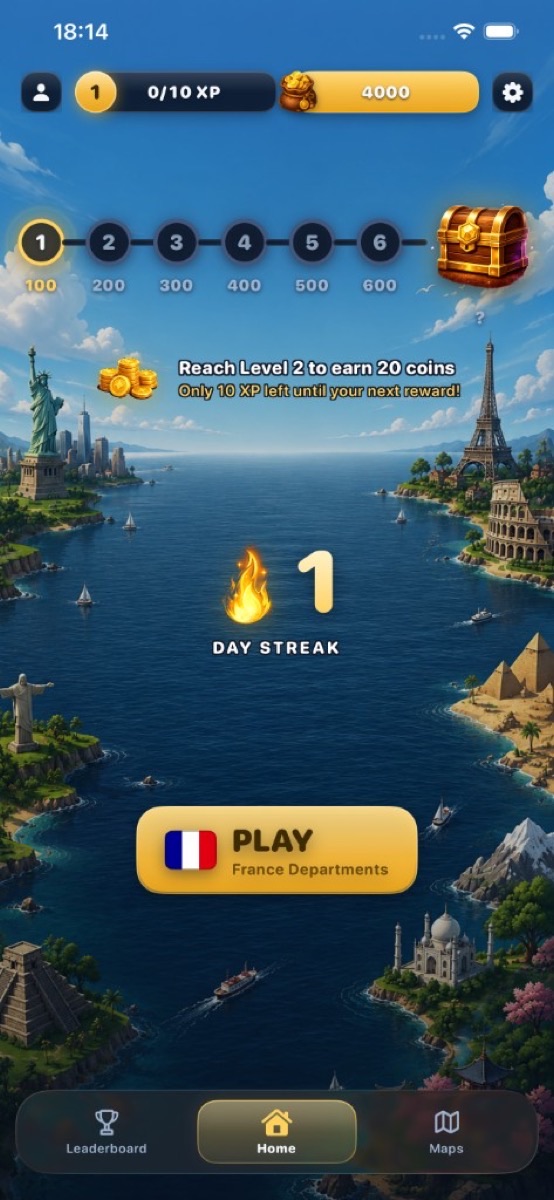 Maporize home: day streak, XP bar, coin balance, and gold PLAY for France Departments