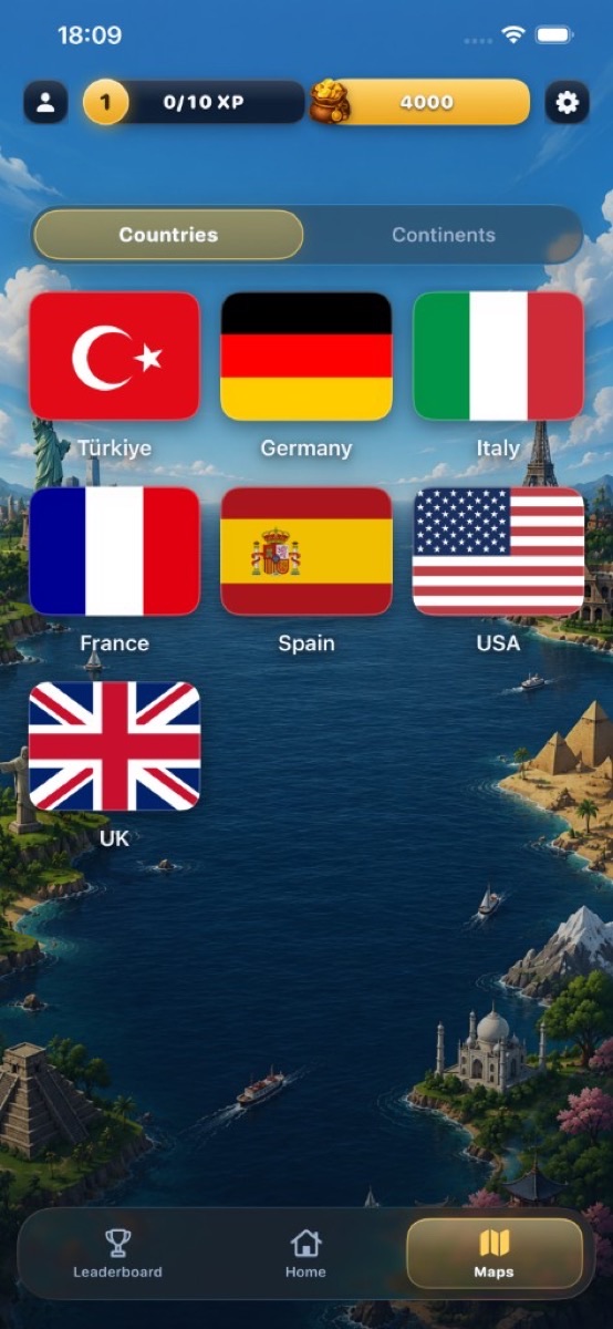 Maps tab showing country flags for Türkiye, Germany, Italy, France, Spain, USA, and UK