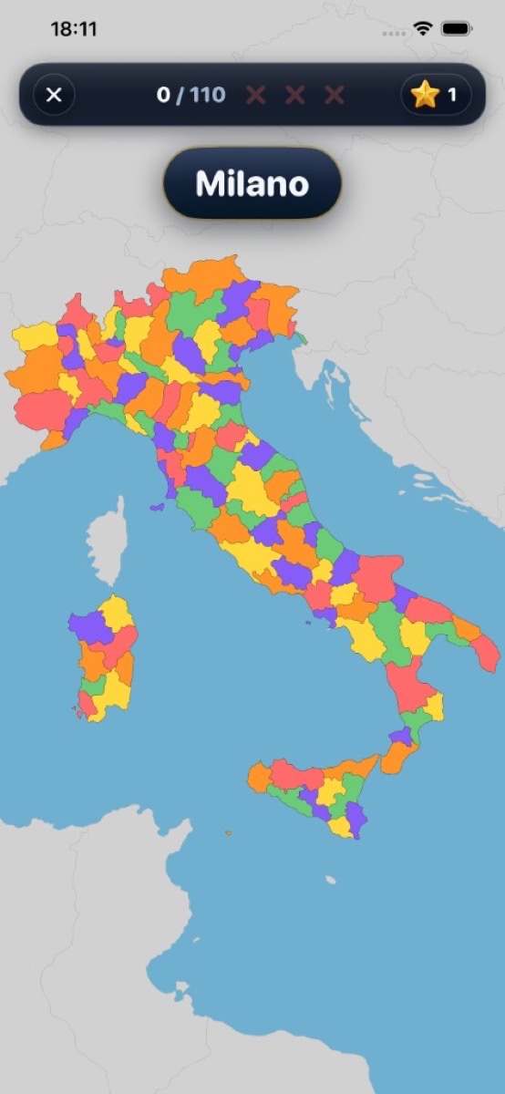 Gameplay on Italy: find Milano by tapping its province among 110 regions