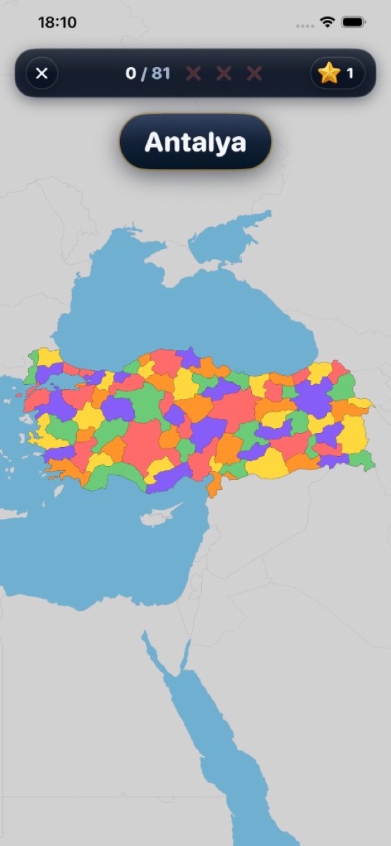 Gameplay on Türkiye: find Antalya by tapping its province on the colorful vector map